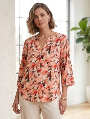 Chaus New York Leaf Patterned Coral 3/4 Sleeve Casual Flowy Spring Blouse Size M